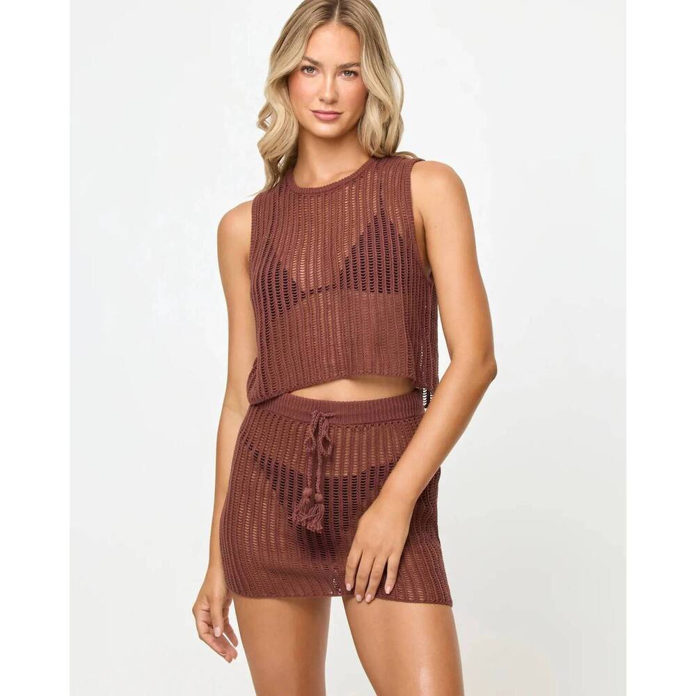 NEW L*SPACE sander crochet knit mini skirt in cafe